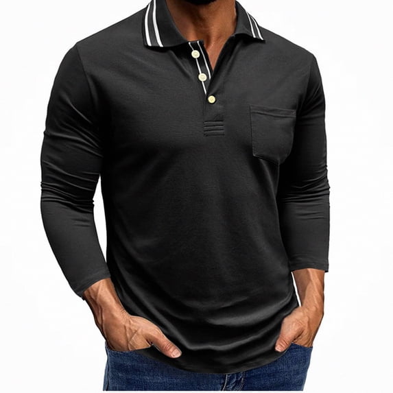 WAVSUF Men's Cotton Shirt Collar Neck Long Sleeve Skinny Fit Fall Office Basic Top Black L