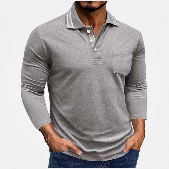 WAVSUF Men's Cotton Shirt Collar Neck Skinny Fit Long Sleeve Fall Office Basic Top Gray M