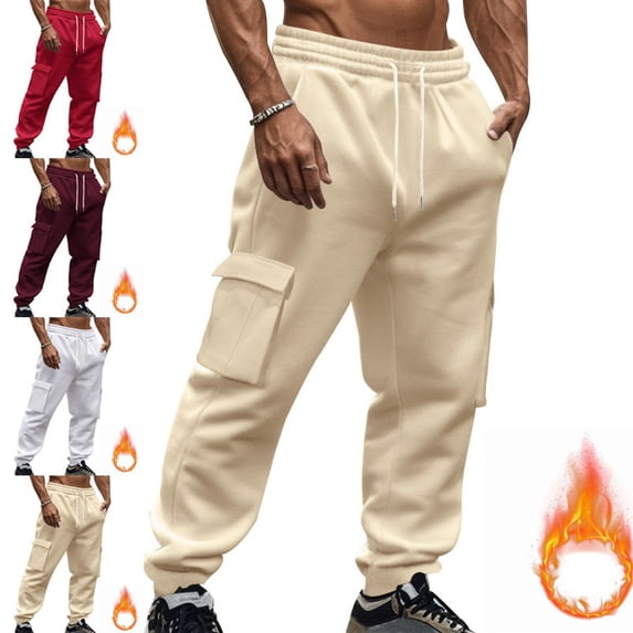 WAVSUF Men's Fleece Straight Pants, Elastic Waist with Pockets Lightweight Warm Fall Casual Cargo Pants Size S-3XL