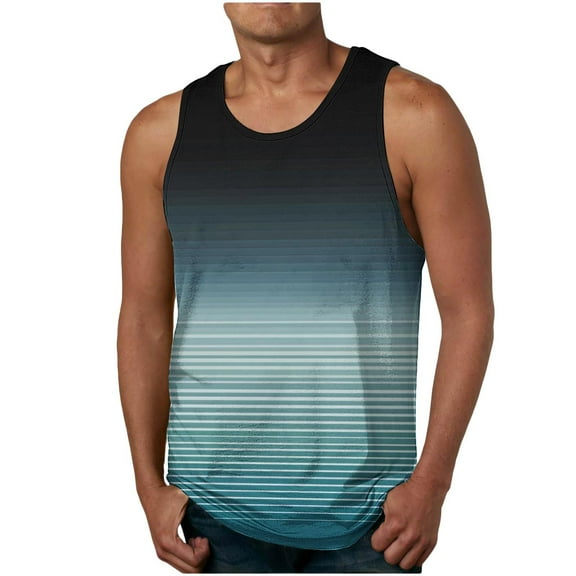 WAVSUF Men's Tank Tops, Sleeveless Undershirt Stripe Gradient Fitness Cotton Summer Gym Muscle Tees Light Blue 2XL