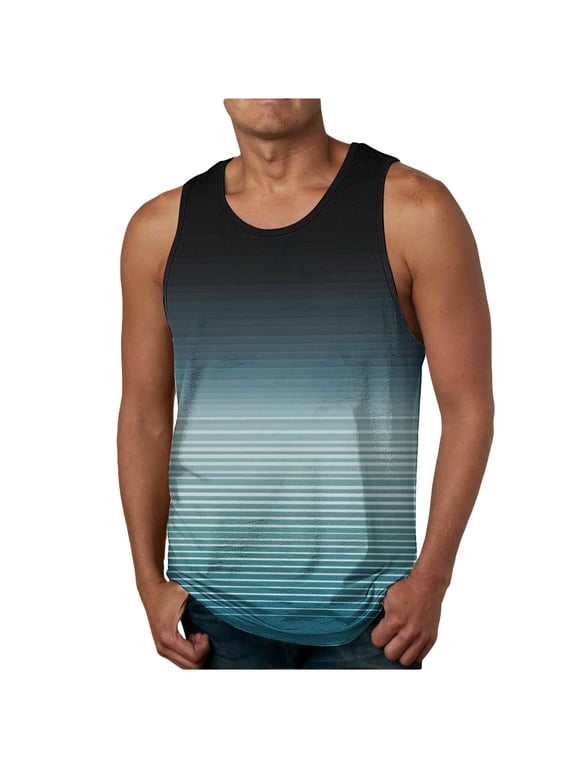 Men's Tank Tops, Sleeveless Undershirt Stripe Gradient Fitness Cotton Summer Gym Muscle Tees Light Blue 2XL