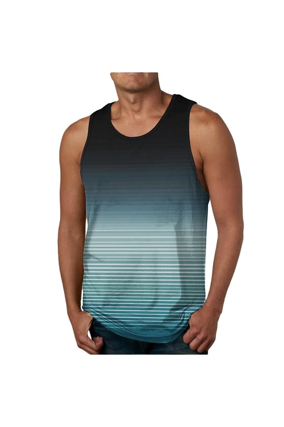 Men's Tank Tops, Sleeveless Undershirt Stripe Gradient Fitness Cotton Summer Gym Muscle Tees Light Blue 2XL