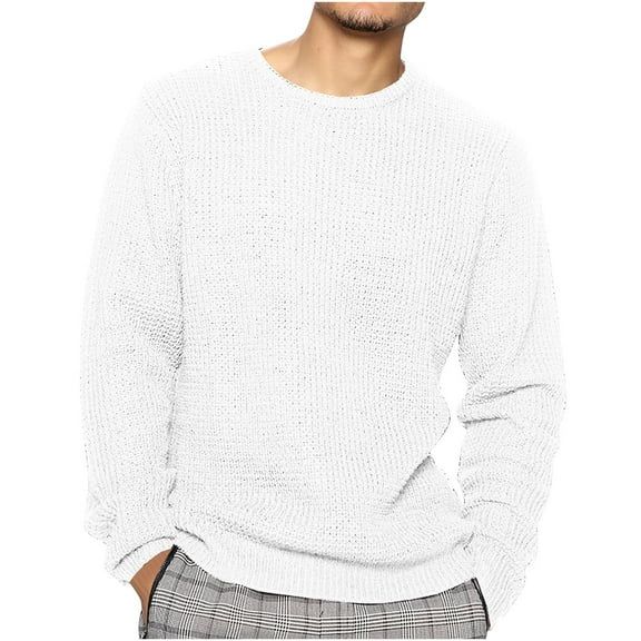WAVSUF Men's Winter Sweater Leisure Fitting Sweaters Long Sleeves Loose Solid Color Crew Neck Undershirt Sweatshirt Top White Size 3XL
