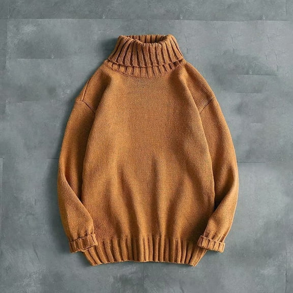 WAVSUF Men's Winter Sweater Leisure Fitting Sweaters Long Sleeves Solid Color High Neck Crew Neck Sweatshirt Top Khaki Size 3XL