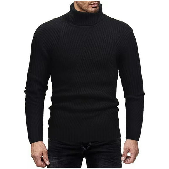 WAVSUF Men's Winter Warm Sweater Leisure Knit Sweaters Long Sleeves Solid Color Slim High Neck Sweatshirt Top Black Size XL