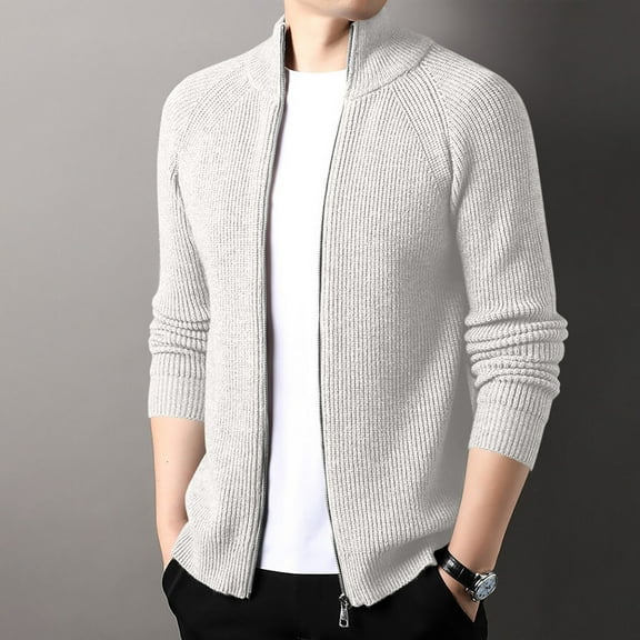 WAVSUF Men's Zipper Sweater Leisure Tight Fitting Sweaters Lapel Long Sleeves Solid Color Shirt White Size 2XL