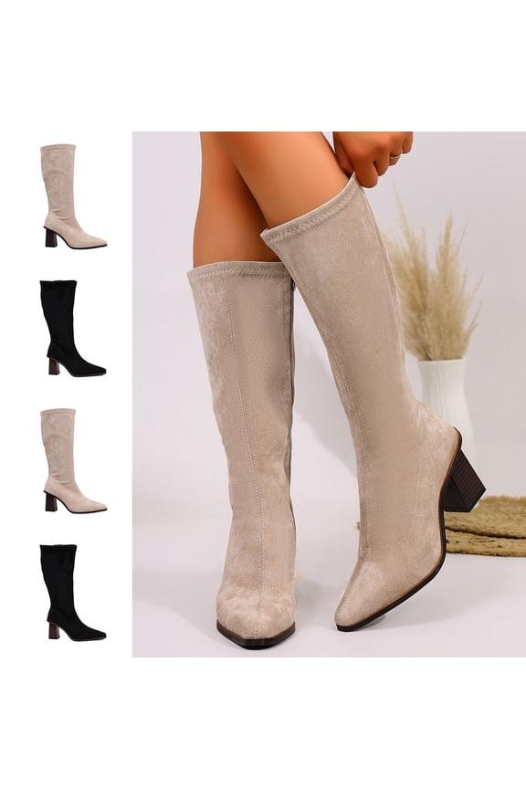 Mid Calf Boots for Womens Anti Slip Round Toe Wide Width Winter Trendy Kitten Boots Brown 5.5