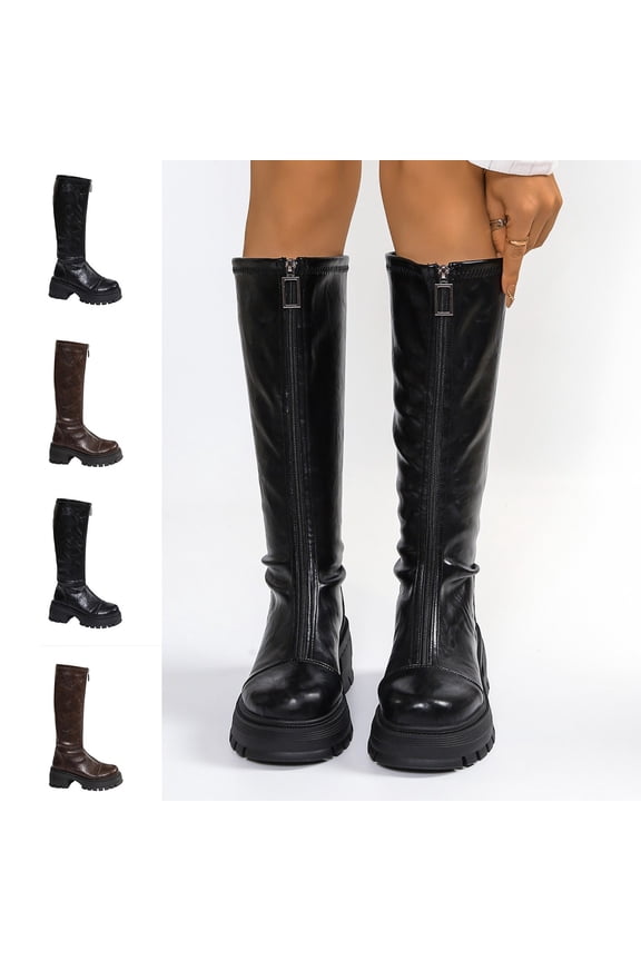 Mid Calf Boots for Womens Side Zip Round Toe Arch Support Winter Low Heel Boots Black 7