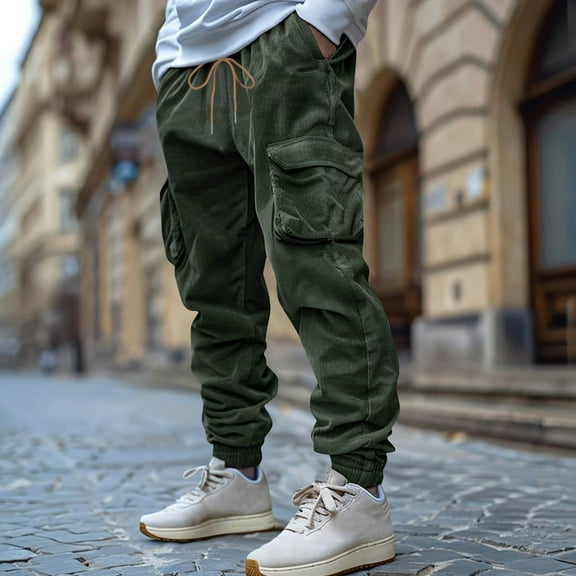 WAVSUF Multiple Pockets Cargo Pant for Mens Regular Fit Long Pants Motion Casual Drawstring Elasticity Pants Army Green Size S