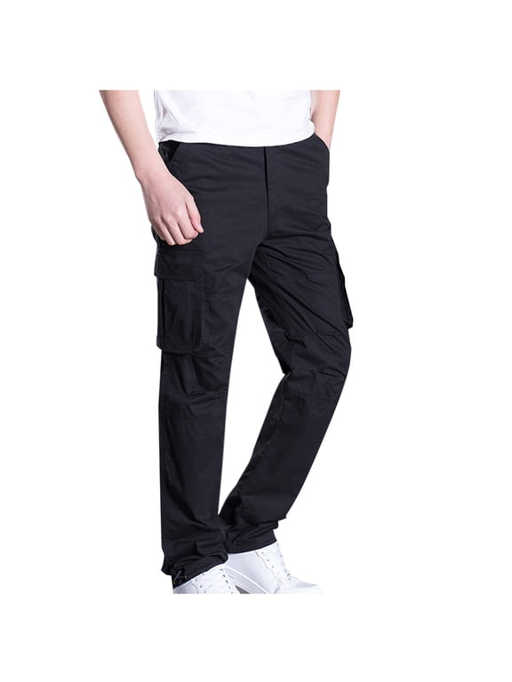 Multiple Pockets Cargo Pant for Mens Regular Fit Long Pants Tight Drawstring Elasticity Pants Black Size 2XL
