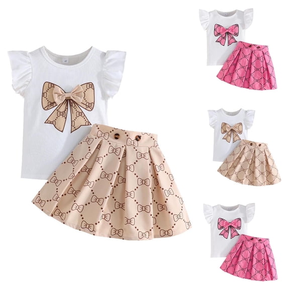 WAVSUF Outfit Sets Sleeveless for Kids Girls Graphic Short Sleeve T-Shirt and Pleated Skirt Casual Outdoor Walking Clothes Pink Size 6