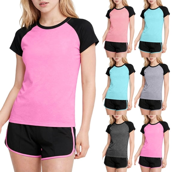 WAVSUF Outfits for Girls Raglan T-Shirt and Dolphin Shorts Quick Dry Lightweight Summer Casual Trendy Clothes 2 Piece Hot Pink Size 11-12