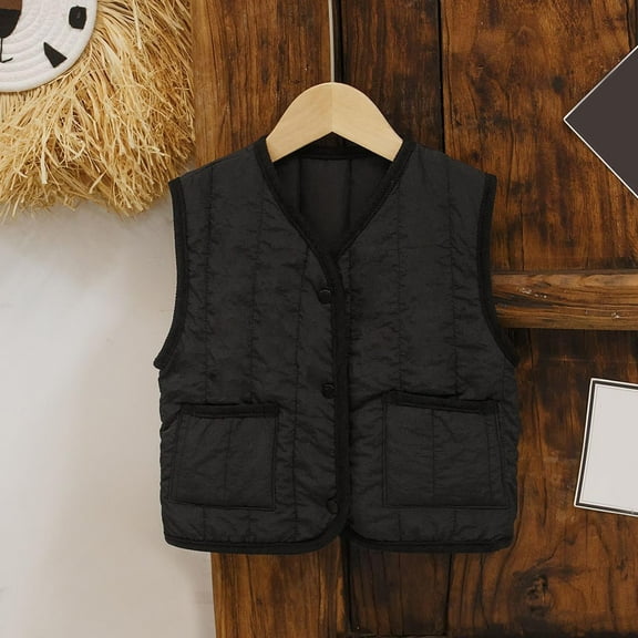WAVSUF Plush Down Vest for Children's Girls Winter Jacket Vest Retro Round Neck Cotton Solid Color Waistcoat Black Size 7 Years