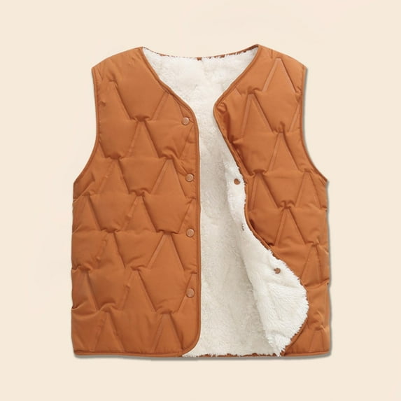 WAVSUF Plush Down Vest for Children's Girls Winter Jacket Vest Round Neck Thickening Cotton Solid Color Waistcoat Brown Size 11 Years