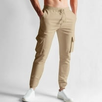 WAVSUF Regular Fit Cargo Pants for Men's Multiple Pockets Long Pants New Casual Drawstring Elasticity Pants Khaki Size L