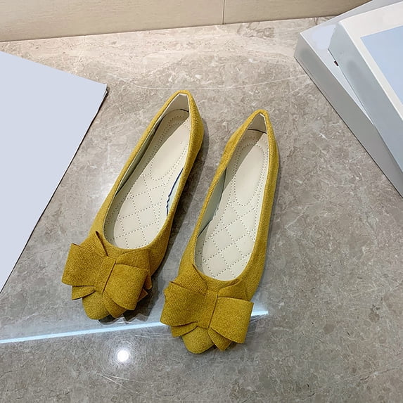 WAVSUF Shallow Mouth Ballet Flats For Women, Versatile Wide Width Retro bow Pointed Toe Comfortable Resort Wedding Shoes Yellow 9.5