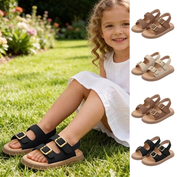 WAVSUF Slide Flat Sandals for Girls Open Toe Anti Slip Metal Accent Summer Lightweight Soft Shoes Beige Size 7 Little Girls