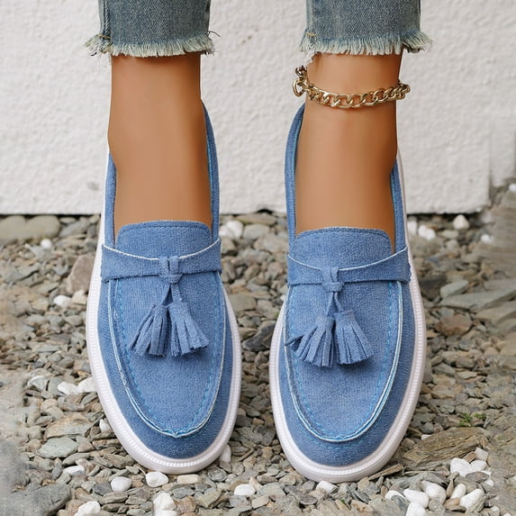 WAVSUF Slip-On Loafers Flats For Women, Casual Four-Season Round Toe Retro Tassels Comfortable Wide Width Shoes Blue Size 39