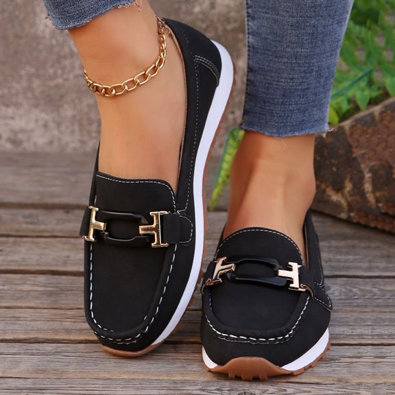 WAVSUF Slip-On Loafers Flats For Women, Closed Toe Non-Slip Outdoor Wear Metal Buckle Comfortable Walking Flats Shoes Black 7.5