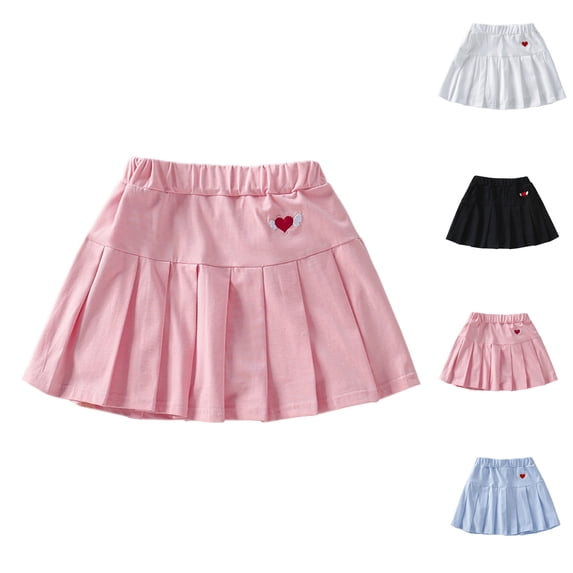 WAVSUF Sports Skirt for Kids Girls Ruffled Hem Heart Printed High Waist Kids Summer School Uniform Pleated Skirt Black Size 7-8