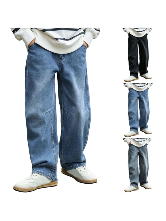 Straight Jeans for Boys Soft Stretch Lightweight High Waist Spring Casual Denim Pants Blue 10-12