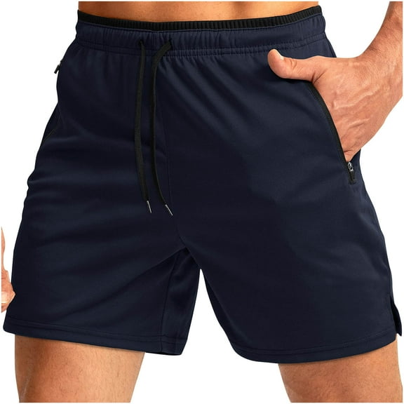 WAVSUF Summer Drawstring Short Pants Mens Elasticity Shorts Beach Shorts Motion Bodybuilding Ventilation Navy Size L