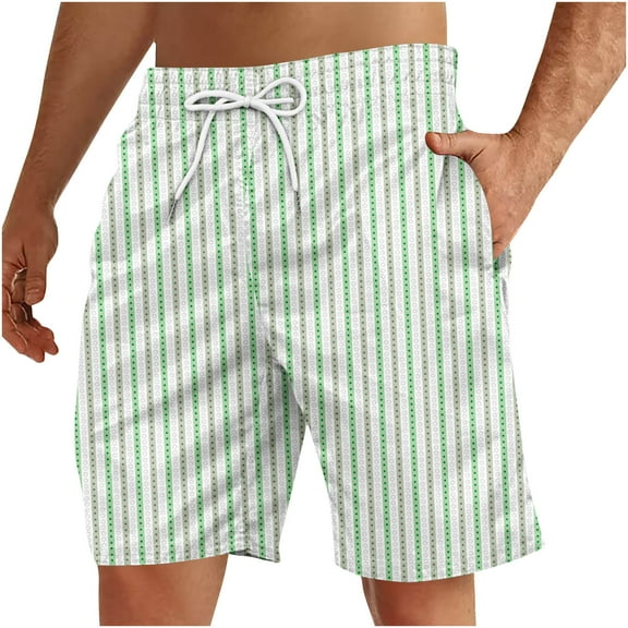 WAVSUF Summer Drawstring Short Pants Mens Elasticity Shorts Stripe Green Size 5XL
