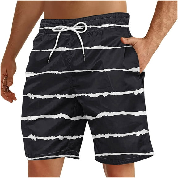 WAVSUF Summer Drawstring Shorts for Mens Elasticity Short Pants Stripe Black Size 5XL