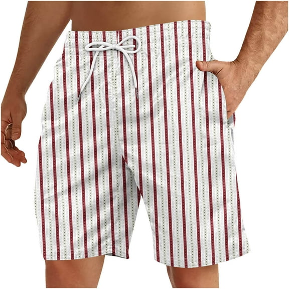 WAVSUF Summer Drawstring Shorts for Mens Elasticity Short Pants Stripe Wine Size 5XL