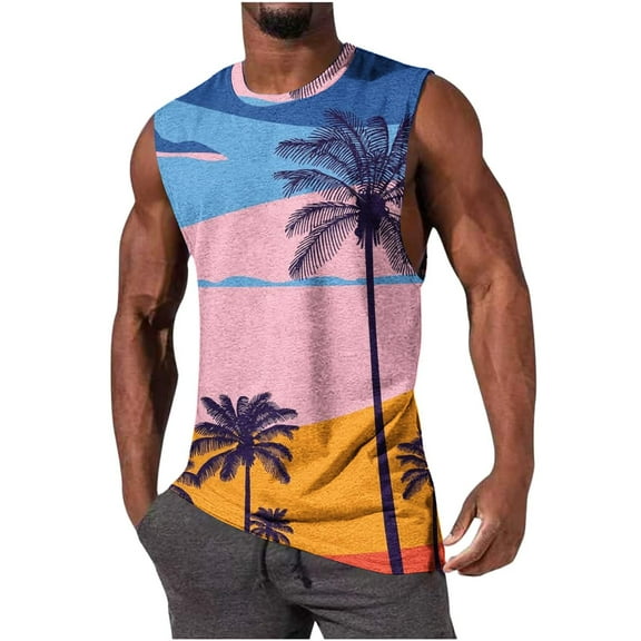 WAVSUF Summer Men Quick Dry Undershirts Tank Muscle Gym Vest for Mens Sports Tank Tops Printed Round Neck Tops Hawaiian shirt Sleeveles Pullover Pink Size XL