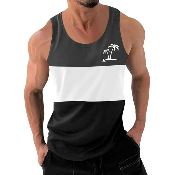 WAVSUF Summer Men Quick Dry Undershirts Tank Muscle Gym Vest for Mens Sports Tank Tops Printed Round Neck Tops Sleeveles Pullover Black Size M