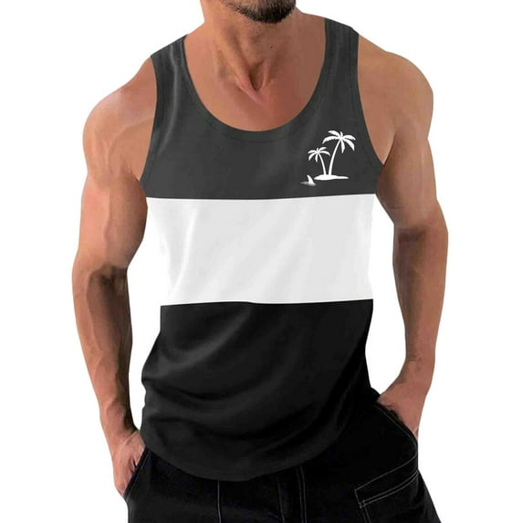 WAVSUF Summer Men Quick Dry Undershirts Tank Muscle Gym Vest for Mens Sports Tank Tops Printed Round Neck Tops Sleeveles Pullover Black Size S