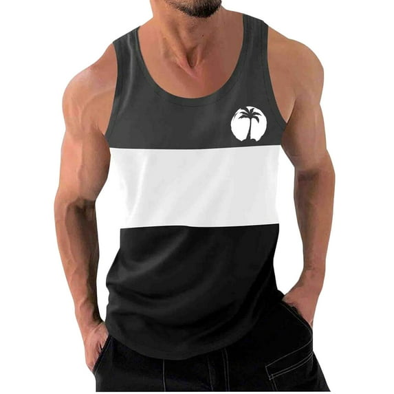 WAVSUF Summer Men Quick Dry Undershirts Tank Muscle Gym Vest for Mens Sports Tank Tops Printed Round Neck Tops Sleeveles Pullover Black Size XL