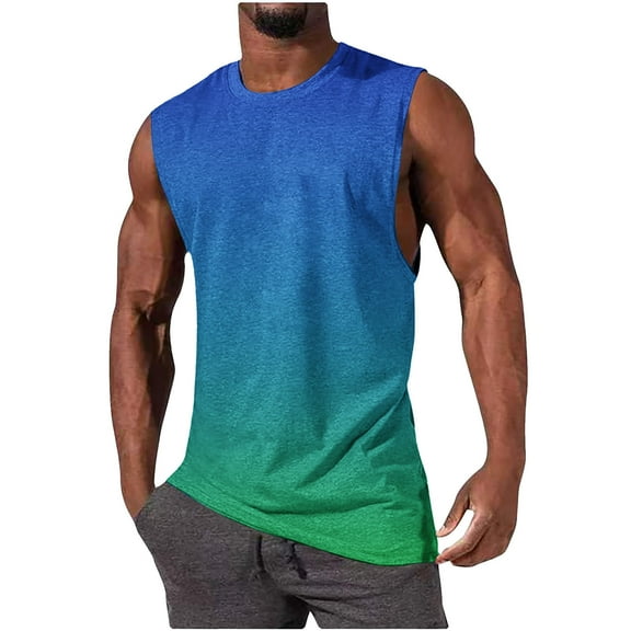 WAVSUF Summer Men Quick Dry Undershirts Tank Muscle Gym Vest for Mens Sports Tank Tops Printed Round Neck Tops Sleeveles Pullover Blue Size M