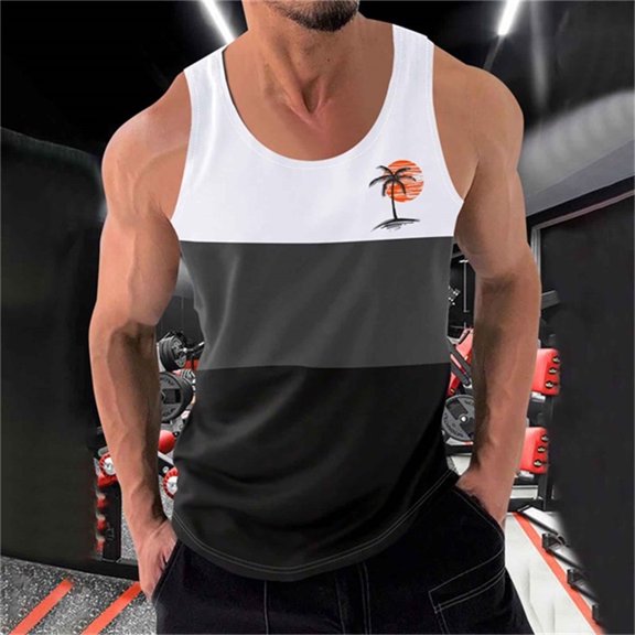 WAVSUF Summer Men Quick Dry Undershirts Tank Muscle Gym Vest for Mens Sports Tank Tops Printed Round Neck Tops Sleeveles Pullover White Size S