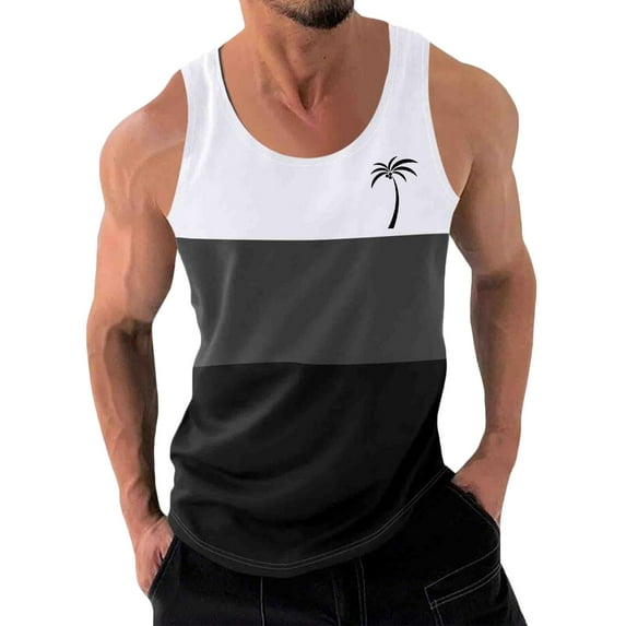 WAVSUF Summer Men Quick Dry Undershirts Tank Muscle Gym Vest for Mens Sports Tank Tops Printed Round Neck Tops Sleeveles Pullover White Size XL