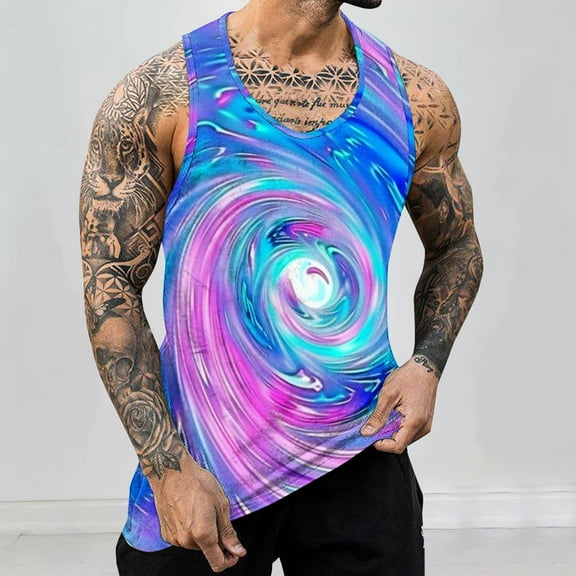 WAVSUF Summer Men Quick Dry Undershirts Tank Muscle Gym Vest for Mens Sports Tank Tops Printed Tie Dyeing Sleeveles Pullover Multicolor Size XL