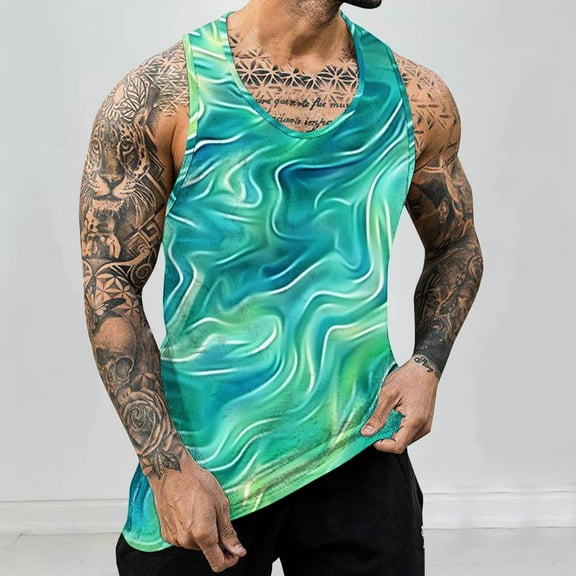 WAVSUF Summer Men Quick Dry Undershirts Tank Muscle Gym Vest for Mens Sports Tank Tops Printed Tie Dyeing Sleeveles Pullover Green Size 2XL