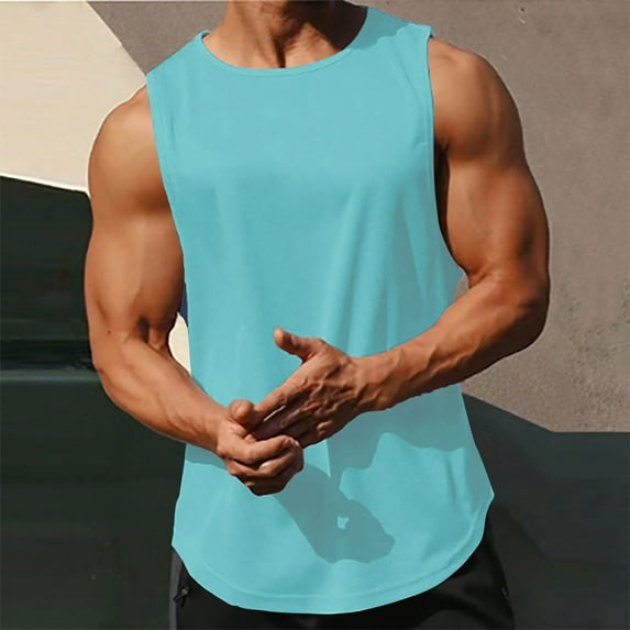 WAVSUF Summer Solid Color Tank Tops for Men Bodybuilding Sleeveles Vest Fashionable Round Neck Pullover Light Blue Size 2XL