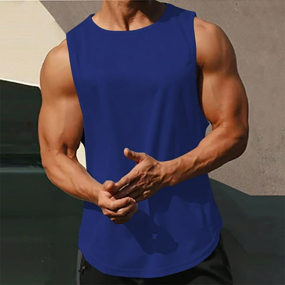 WAVSUF Summer Solid Color Tank Tops for Men Bodybuilding Sleeveles Vest Fashionable Round Neck Pullover Navy Size S