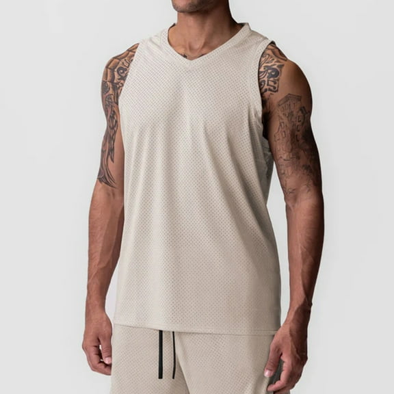 WAVSUF Summer Solid Color Tank Tops for Men Bodybuilding Sleeveles Vest Pullover Khaki Size XL