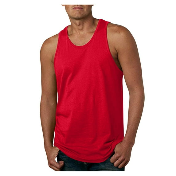 WAVSUF Summer Solid Color Tank Tops for Men Bodybuilding Sleeveles Vest Round Neck Pullover Red Size L