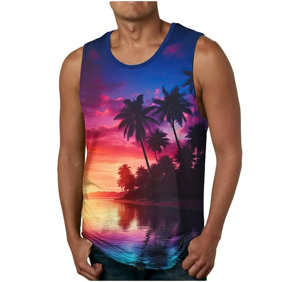 WAVSUF Summer Sports Tank Tops for Mens Quick Dry Vest Muscle Gym Undershirts Tank Printed Round Neck Tops Hawaiian shirt Sleeveles Pullover Blue Size L
