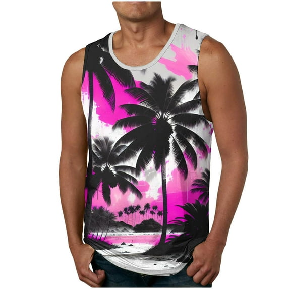 WAVSUF Summer Sports Tank Tops for Mens Quick Dry Vest Muscle Gym Undershirts Tank Printed Round Neck Tops Hawaiian shirt Sleeveles Pullover Hot Pink Size XL