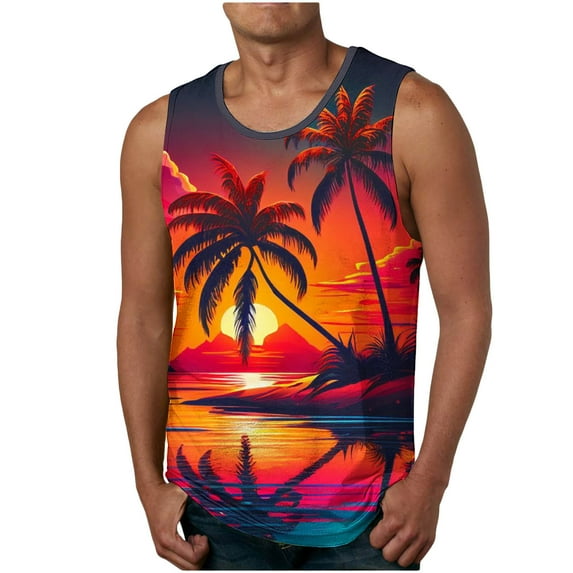 WAVSUF Summer Sports Tank Tops for Mens Quick Dry Vest Muscle Gym Undershirts Tank Printed Round Neck Tops Hawaiian shirt Sleeveles Pullover Orange Size 2XL