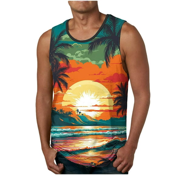 WAVSUF Summer Sports Tank Tops for Mens Quick Dry Vest Muscle Gym Undershirts Tank Printed Round Neck Tops Hawaiian shirt Sleeveles Pullover Orange Size 2XL