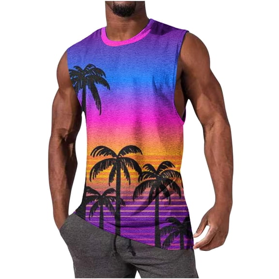 WAVSUF Summer Sports Tank Tops for Mens Quick Dry Vest Muscle Gym Undershirts Tank Printed Round Neck Tops Hawaiian shirt Sleeveles Pullover Pink Size L