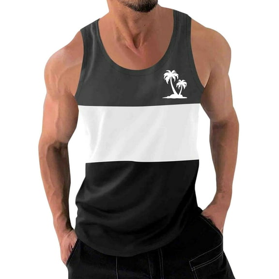 WAVSUF Summer Sports Tank Tops for Mens Quick Dry Vest Muscle Gym Undershirts Tank Printed Round Neck Tops Sleeveles Pullover Black Size 2XL