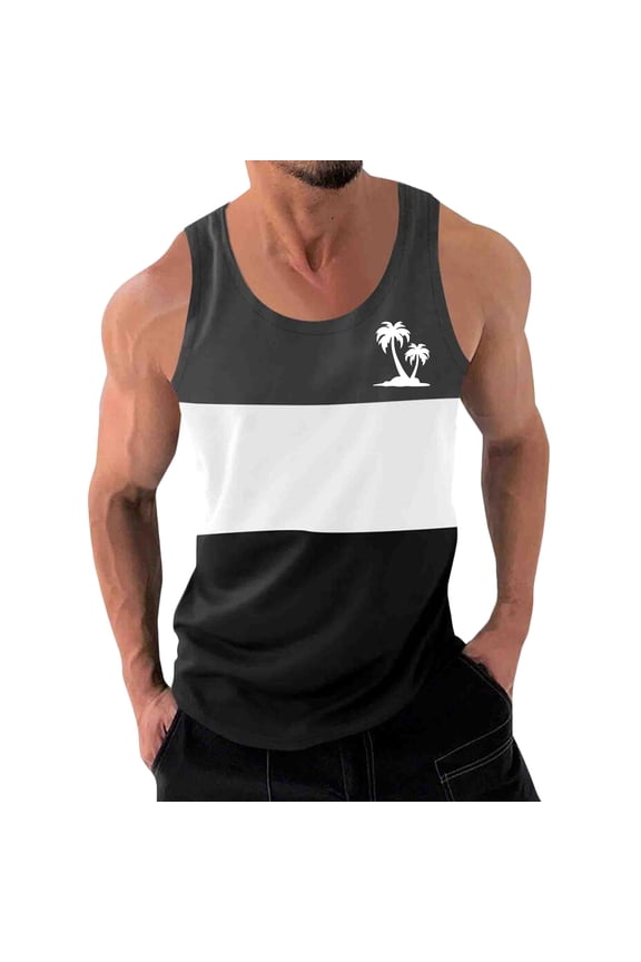 Summer Sports Tank Tops for Mens Quick Dry Vest Muscle Gym Undershirts Tank Printed Round Neck Tops Sleeveles Pullover Black Size 2XL