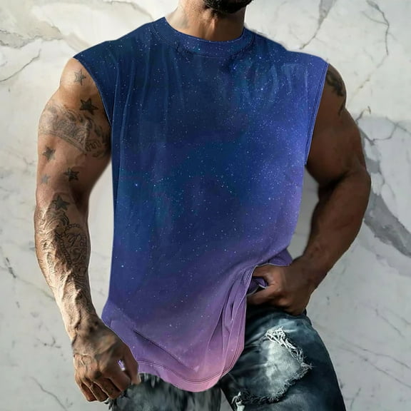 WAVSUF Summer Sports Tank Tops for Mens Quick Dry Vest Muscle Gym Undershirts Tank Printed Round Neck Tops Sleeveles Pullover Dark Blue Size 2XL